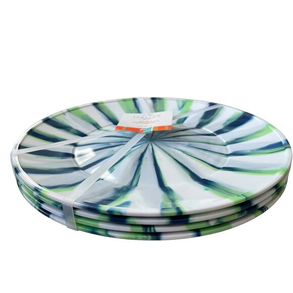 Sunglow Style Ink Stripe Melamine Dinner Plates 11" Blue Green White Set of 4 - Picture 3 of 8